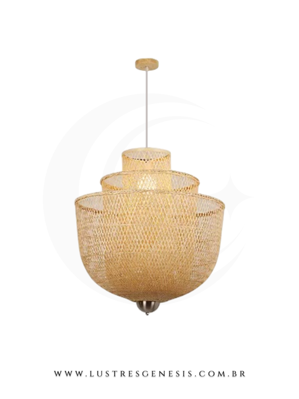 Lustre pendente de fibra de bambu modelo Cake, com design moderno e acabamento natural, ideal para mesas, balcão de cozinha ou área gourmet.